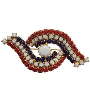 Patriotic Rhinestone Brooch Red White & Blue Ribbon Eye Gold Tone Curved Pin